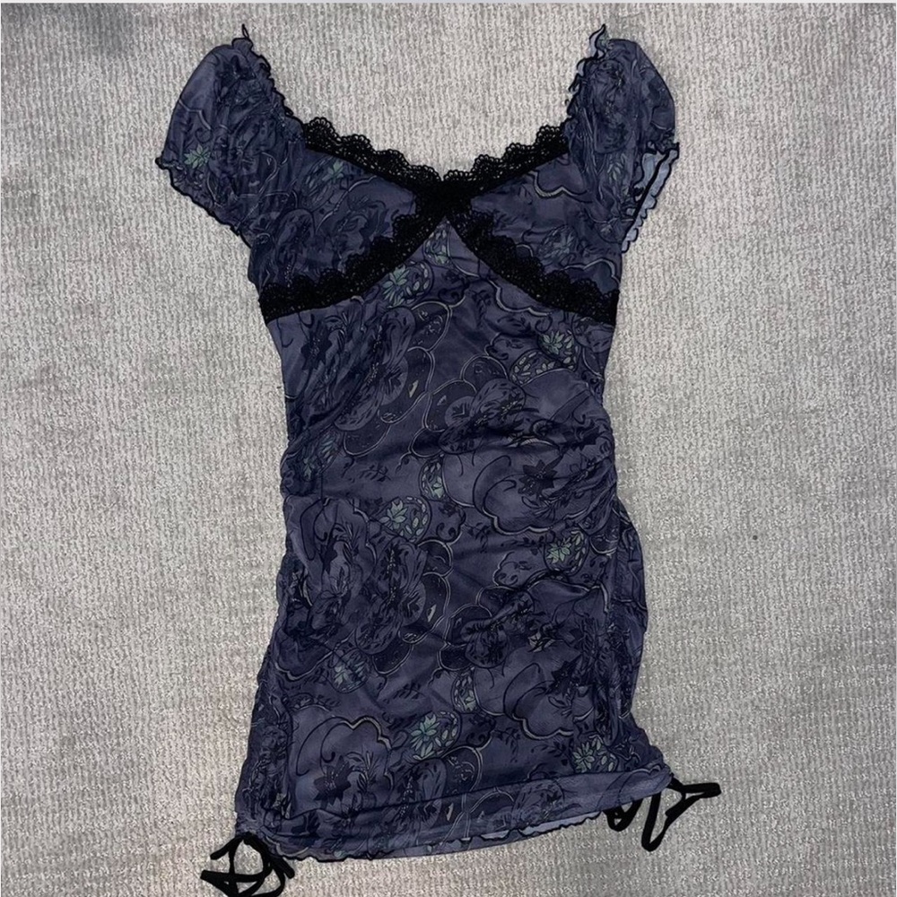 Fairycore floral drawstring ruched adjustable dress.